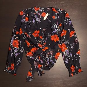 Madewell 100% silk red and black floral wrap blouse top smocked sleeve Small